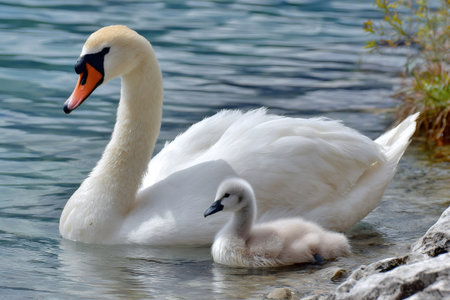 Adult mute swan protecting its young cygnet in calm lake waterの素材