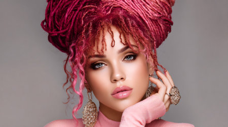 Woman with colorful dreadlock hairstyle, applying makeup, wearing jewelryの素材