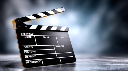 Clapperboard standing on a concrete surface, ready for film productionの素材