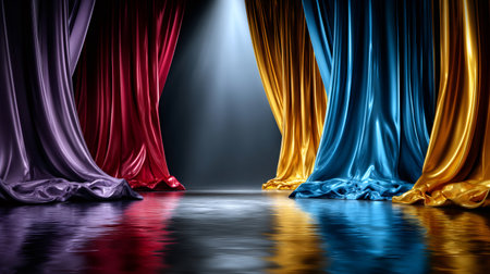 Glossy satin curtains in vibrant colors reflecting on a wet floor with a central spotlightの素材