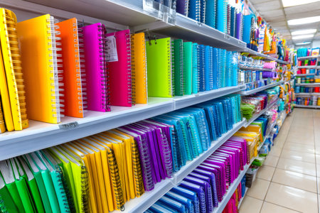 Brightly colored spiral notebooks organized on display shelves in a retail stationery storeの素材