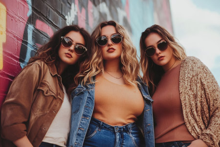 Three millennial girlfriends standing together outdoors, dressed in casual urban fashionの素材