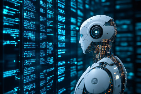 Humanoid robot interacting with glowing digital code on server racksの素材