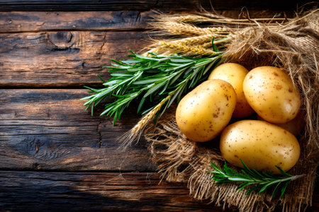 Rustic composition showing raw potatoes, fresh rosemary, wheat, and burlap on a dark wooden backgroundの素材