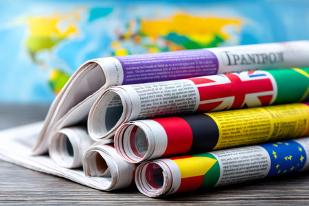 Stacked newspapers displaying various nation flags, signifying worldwide news and informationの素材