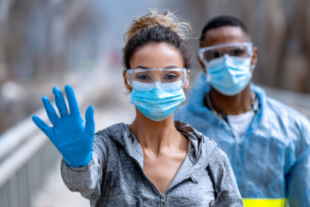 People protecting themselves from infection by wearing medical face masks, gloves, and safety gogglesの素材