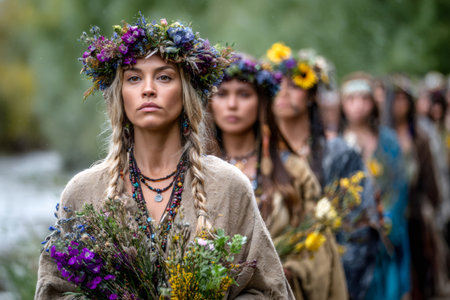 Women wearing flower crowns and traditional attire, carrying flowers during a spiritual processionの素材