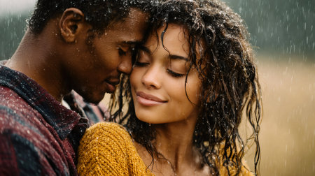 Young couple finding connection and romance while standing close in the rainの素材