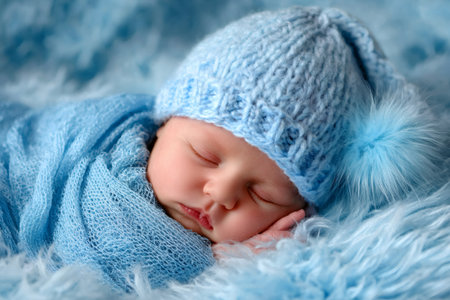 Newborn baby sleeping deeply, wrapped in a blue blanket and wearing a knitted hatの素材