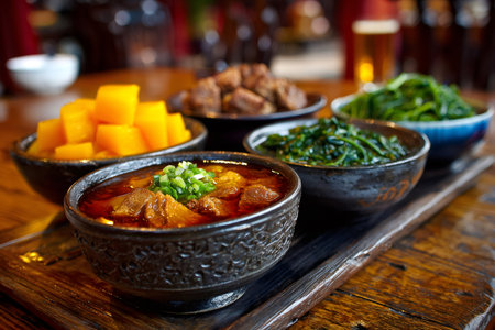 Hearty beef noodle soup served with various side dishes on a rustic wooden boardの素材