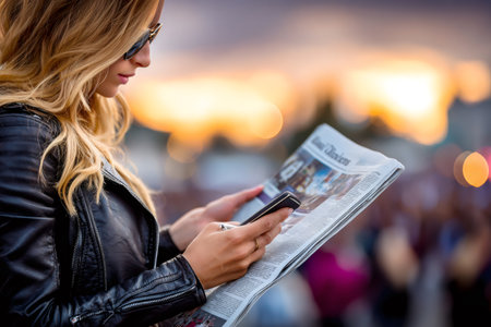 Young woman simultaneously reading a newspaper and interacting with a smartphone during sunsetの素材
