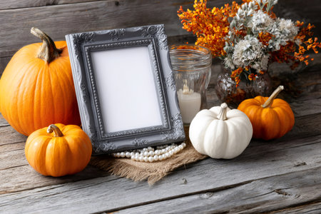Autumn pumpkins, blank picture frame, and fall decorations arranged on rustic wooden backgroundの素材