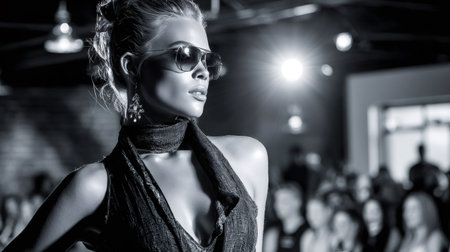Fashion model in sunglasses posing on a catwalk, showcasing style and glamourの素材