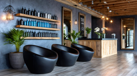 Hair salon displaying shampoo bottles on wooden shelves, offering seating in a stylish waiting areaの素材