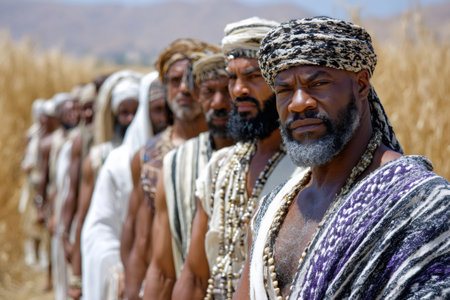Men dressed in ancient robes standing together in a line outdoors in a desert landscapeの素材