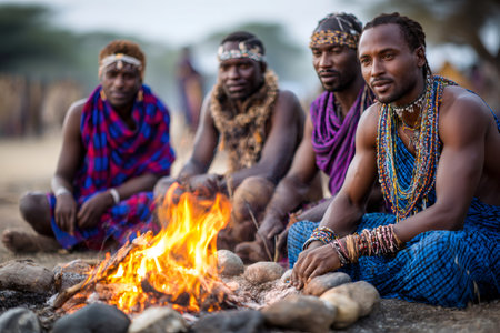 Maasai men gather around a campfire, depicting traditional African culture and communityの素材