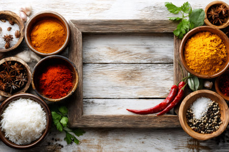 Various colorful spices, white rice, and fresh ingredients framing a rustic wooden boardの素材