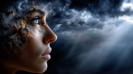 Profile of a woman with a stone like texture on her face, gazing at a stormy sky with beams of lightの素材