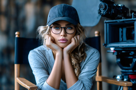 Woman sitting in director's chair planning next video productionの素材