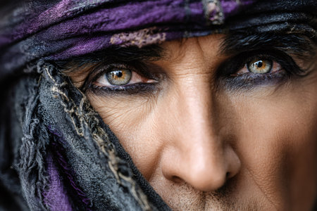 Person's kohl rimmed eyes starring outwards from a traditional head coveringの素材