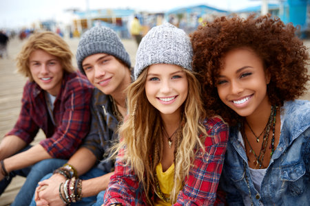 Young friends sitting outdoors on a boardwalk, enjoying their adolescence and diverse friendshipの素材