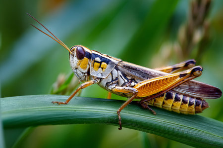 Grasshopper resting on a green leaf in its natural habitat, showing detailed body patternsの素材
