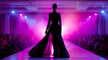 Fashion model in long dress performing on a runway with vibrant purple and pink stage lightsの素材