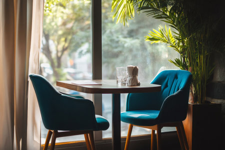 Cafe or restaurant interior with two empty turquoise chairs and table by a large windowの素材
