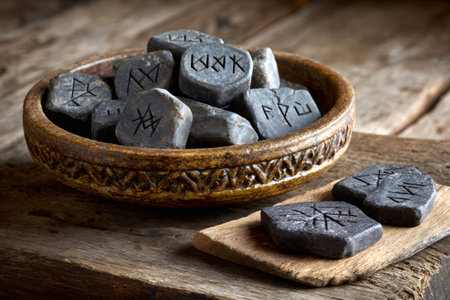 Runes stones displaying ancient symbols in a wooden bowl for pagan ritualsの素材