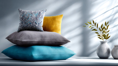 Stacked decorative cushions and a vase with branches creating a relaxing interior sceneの素材