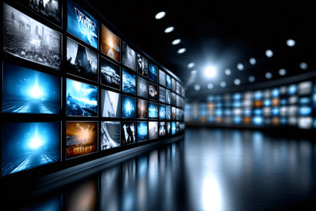 Curved video wall displaying various media, news, and digital content in a modern control roomの素材