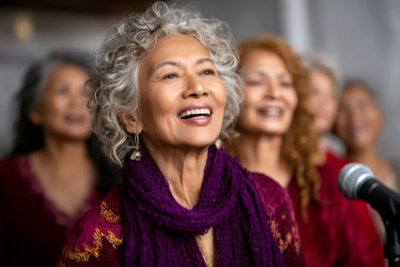 Smiling asian senior woman singing with group members in a choirの素材