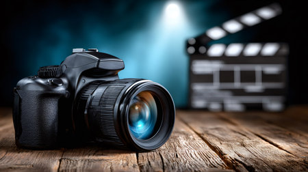 Digital camera and movie clapperboard on a rustic wooden surface with a dramatic spotlightの素材