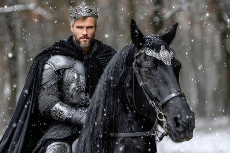 Fantasy king wearing crown and armor riding a black horse, winter forest backgroundの素材