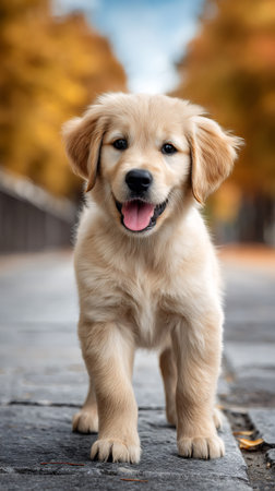 Happy golden retriever puppy with open mouth standing in an autumnal parkの素材