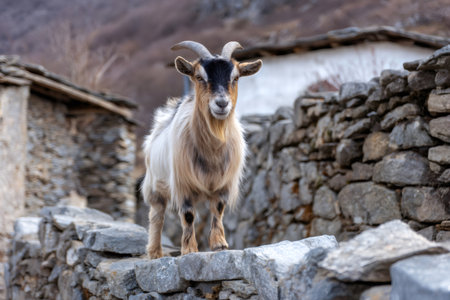 Domestic goat standing on a stone wall, looking at the camera in a rural village settingの素材
