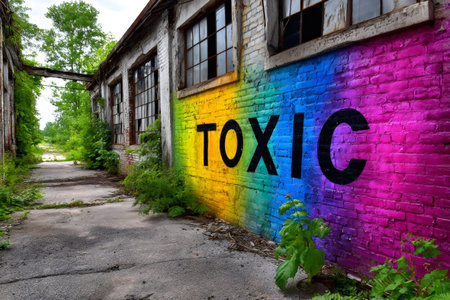 Graffiti word toxic on rainbow brick wall of crumbling urban decay structureの素材