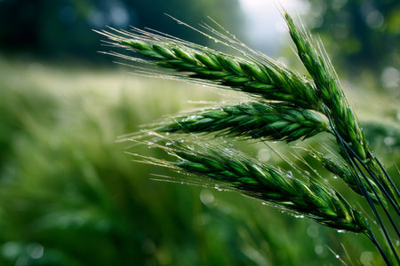 Green wheat field with growing grains covered in fresh dew dropsの素材