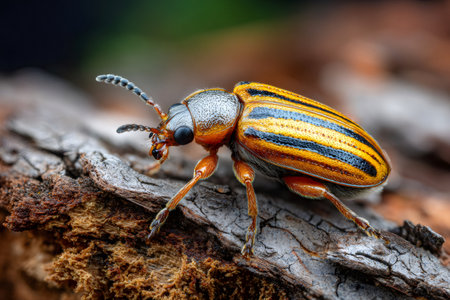 Western corn rootworm beetle exploring a piece of wood, showcasing its vibrant colors and intricate detailsの素材