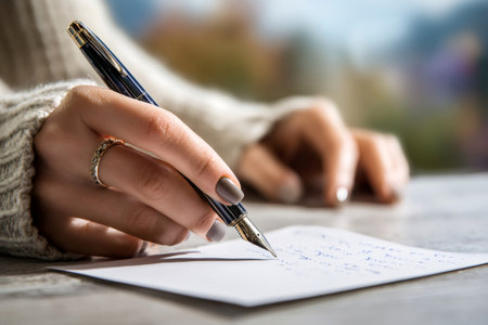Woman's hand writing a personal letter with a traditional fountain pen on paperの素材