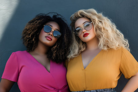 Two diverse women posing for a portrait, showcasing individuality and confidenceの素材
