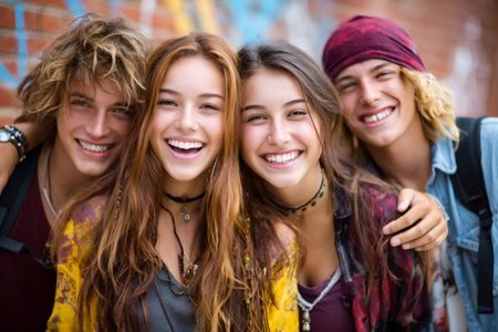 Group of young friends standing together, expressing joy and connectionの素材