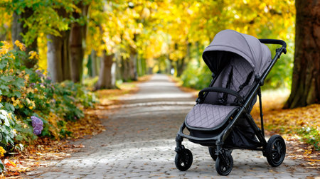 Empty modern gray stroller standing on a paved path surrounded by golden autumn foliageの素材
