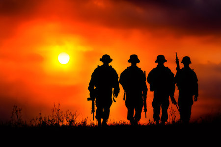 Soldiers patrolling during sunset, military operation conceptの素材