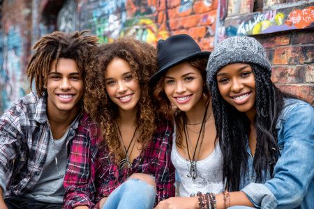 Diverse young friends smiling together outdoors against a colorful graffiti brick wallの素材