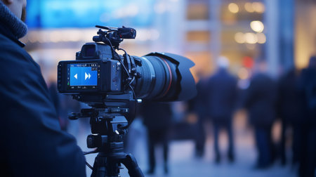 Cameraman recording a live news broadcast in an urban outdoor settingの素材