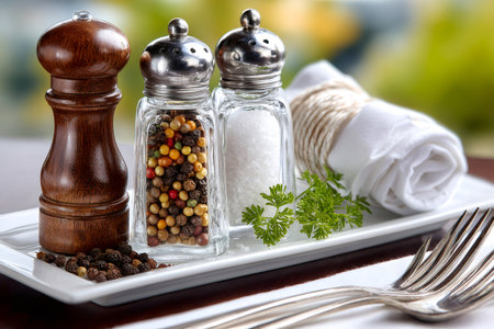 Dining table setting with salt and pepper shakers, spices, and cutleryの素材