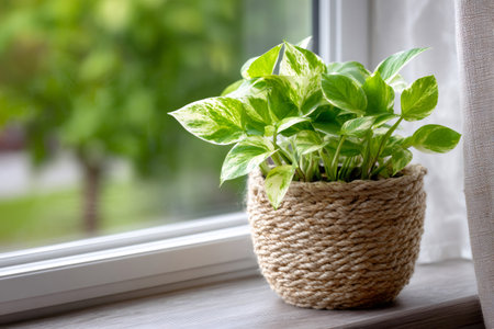 Pothos houseplant with green and white leaves sitting in a rope pot on a windowsillの素材