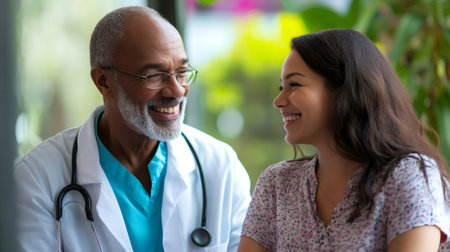 Smiling african doctor discussing with a happy young female patient, building trust in healthcareの素材