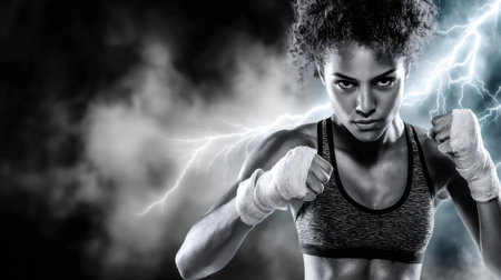 Woman fighter with bandaged fists standing ready in a monochrome setting with lightningの素材